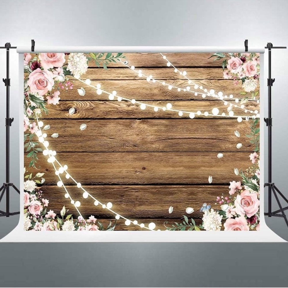 Rustic Wood Photo Backdrop Pink Roses Fairy Lights Leaves 6x8 feet Fabric Sheet